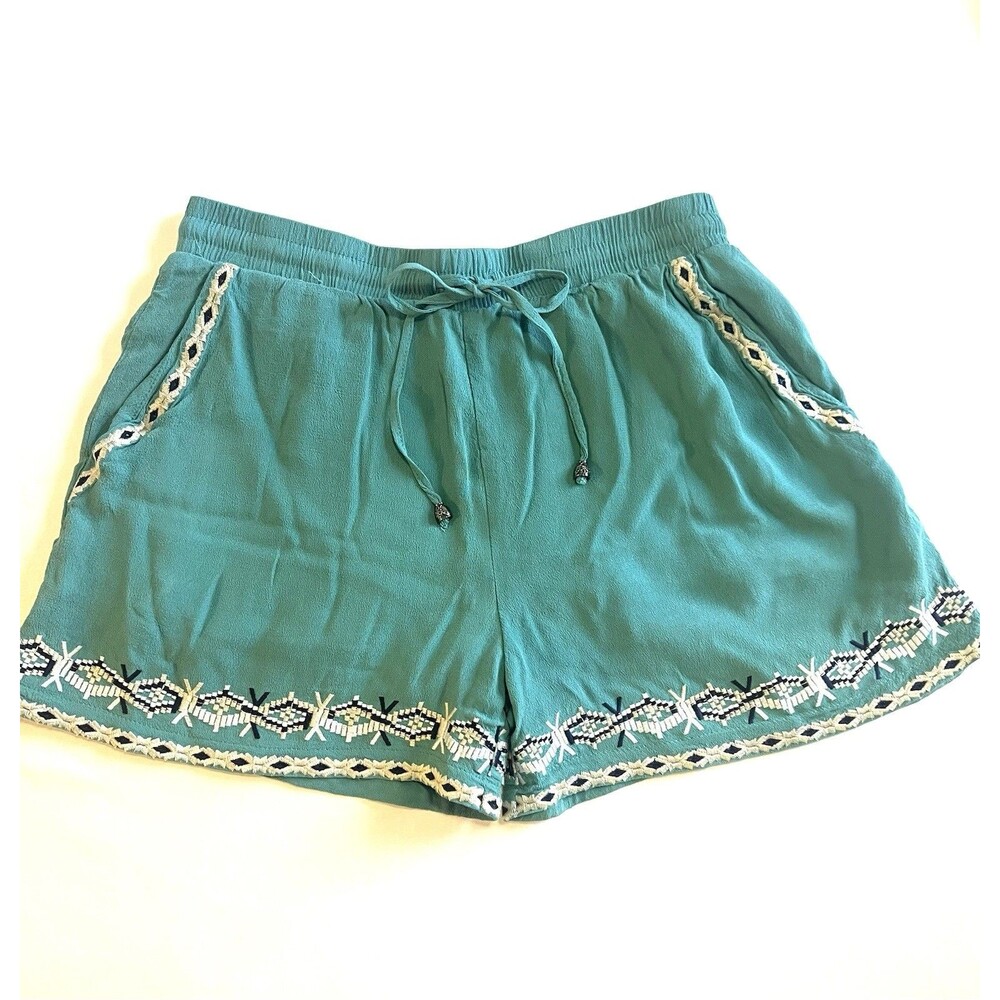 Boho Anthropologie Hei Hei Embroidered Isle Shorts Teal Blue Beach Small S